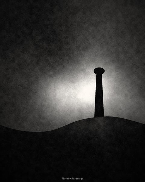 Illustration of a lone figure on a hill facing a pale break in dark storm clouds