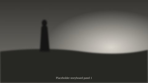 Storyboard panel: a lone lighthouse on a dark headland as the last light fades