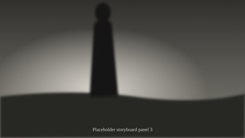 Panel 3: The keeper pauses at the door and looks back at the sea. Rim light only.