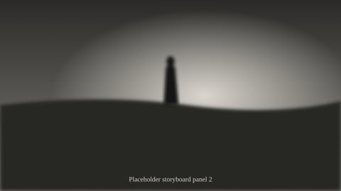 Panel 2: A small figure climbs the path toward the tower. Wind in the grass.